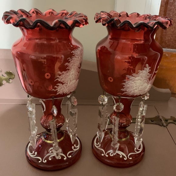 Victorian Mary Gregory Cranberry Glass Mantle LUSTRE Vases - Picture 6 of 11